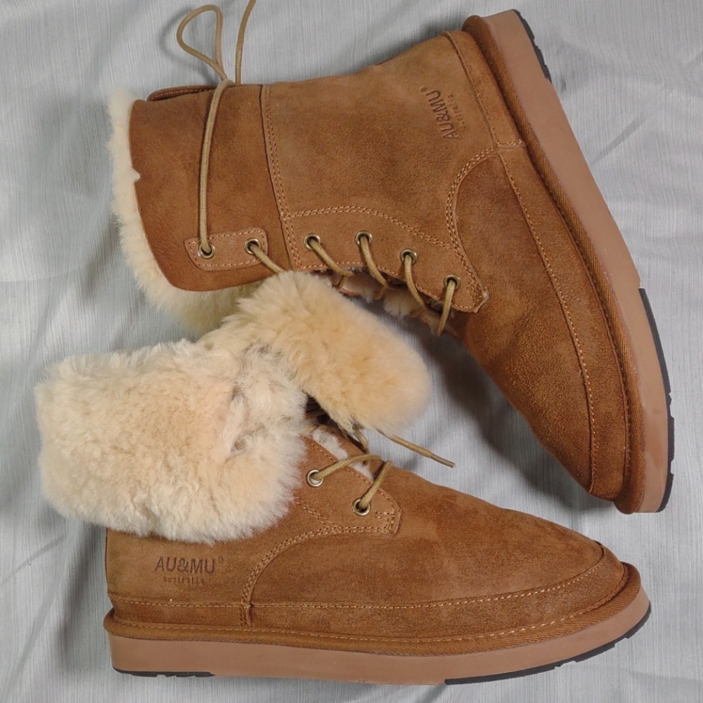 Aumu Women's Shearling Leather Sheepskin Wool Lace Up Winter Snow Boots Size 9
